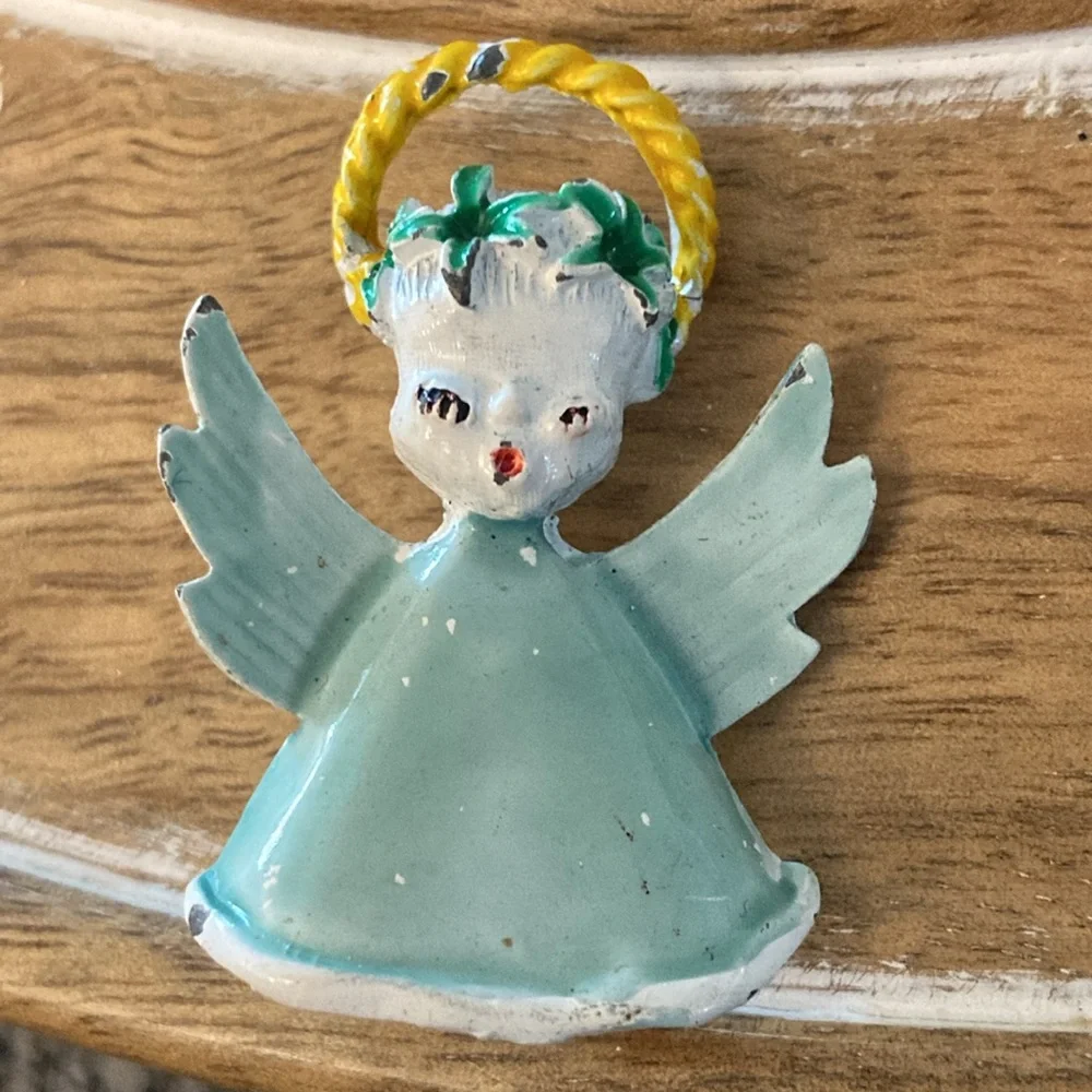 Vintage angel brooch halo light green dress and wings Christmas pin